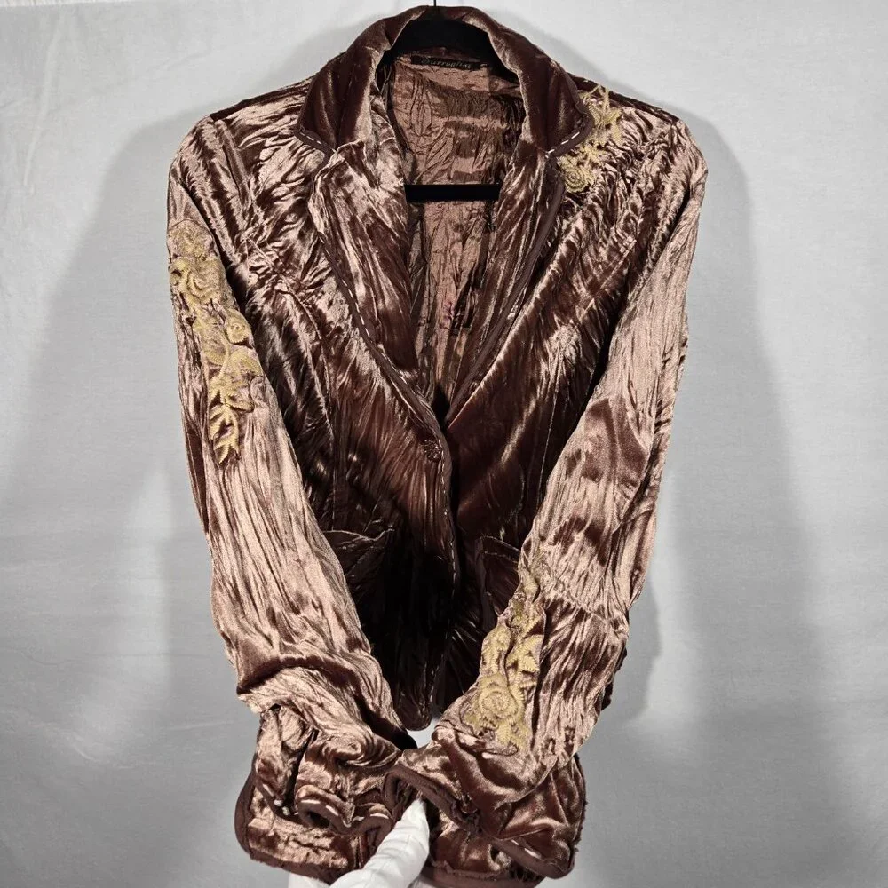 Vintage SURREALIST Steampunk Y2K Crinkled Velvet Embroidery Brown Jacket Size 2. - Picture 5 of 14